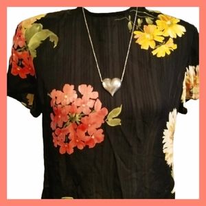 Ellen Tracy Colorful Floral 100% Silk Crop Back Button Down Blouse